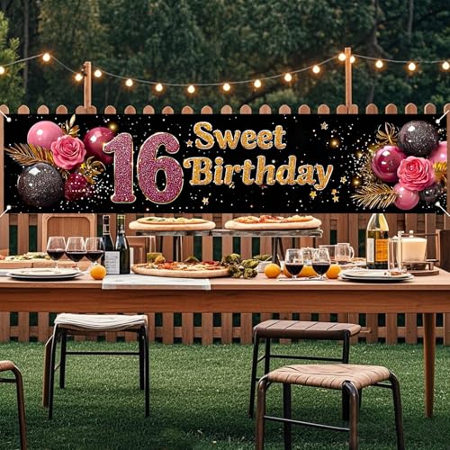 Image of Nuxovilar Sweet 16 Birthday Yard Banner 79x18 Polyester | Party Poster Backdrop Sign Sweet 16 Decor Large Birthday Backdrop Fence Yard Walls (Sweet Sixteen)