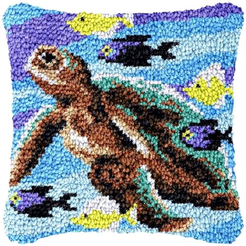 Beginner Latch Hook Sea Turtle Kits Set Sofa Cushion Cover Latch Hook Carpet Rug Acrylic Yarn,Pillowcase Craft Kits with Printed Canvas for Beginners Kids Adults - 17 x 17 Inch