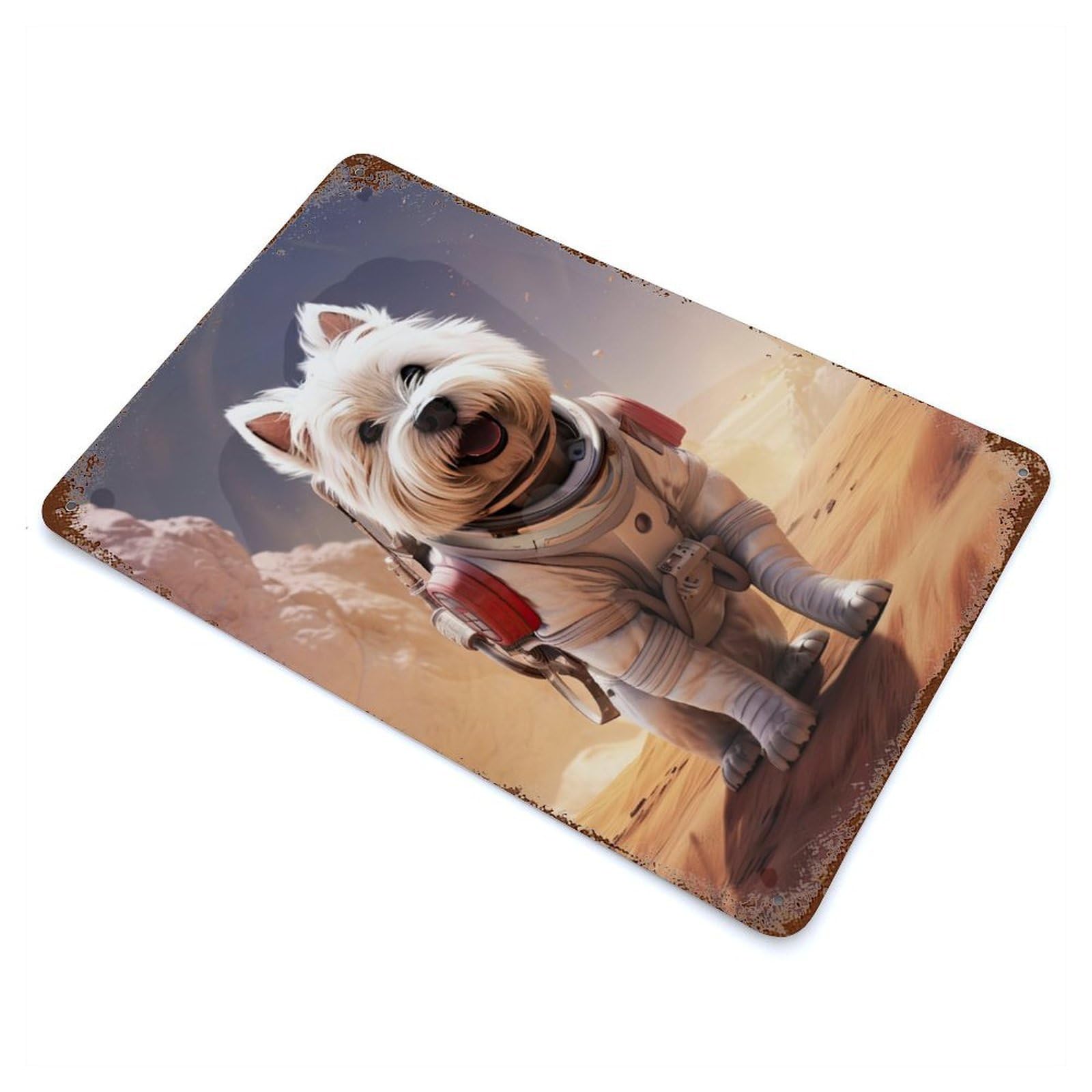 Vintage Rust Metal Sign with Westie Mars Design 11.8"x7.9", for Garage, Bar And Workshop Decor, Retro Wall Decor