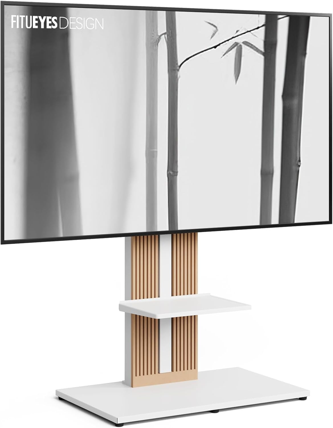 FITUEYES Design Wood TV Mount Stand Swivel for 55-88 inch TV Screens, Nordic Style Tall TV Floor Stand for Home Decor, Reinforced Base, Open Shelf and Hidden Back Storage, Zen Series
