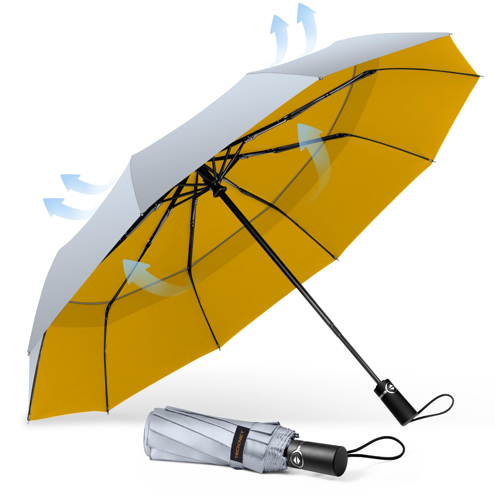 Tecknet Men's Yellow&Sliver Windproof Umbrella, Strong Compact Travel Automatic Umbrellas, Large Wind Resistant Umbrella With 10 Ribs, Folding Lightweight Golf Automatic Umbrella For Rain
