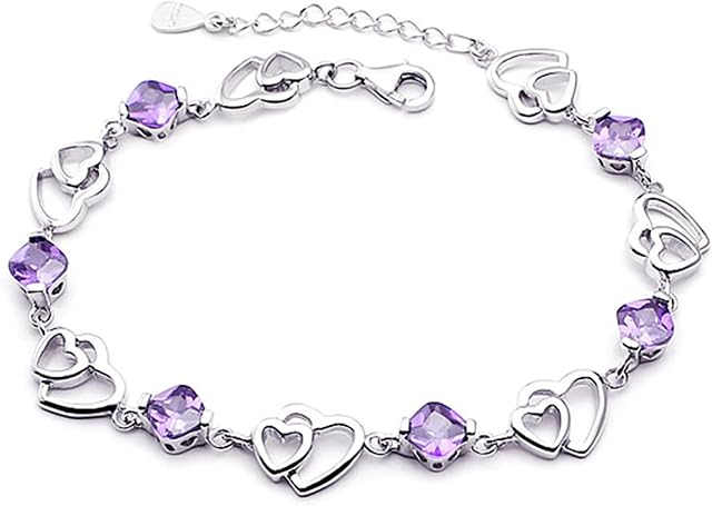 AGR8T Temperament Women's Inlaid Silver Plated Bracelet Double Heart Amethyst Bracelet Bangle for Friends Sisters Daily Wrist Accessories