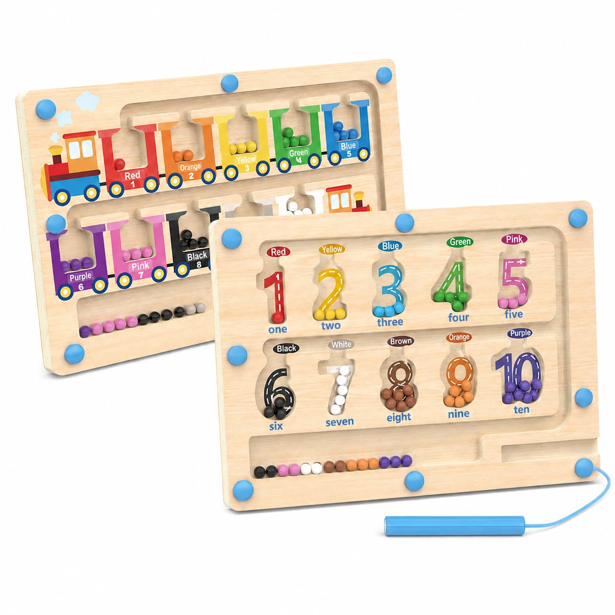 2PCS Magnetic Bead Maze Boards, Colour Sorting & Number Matching with Pens