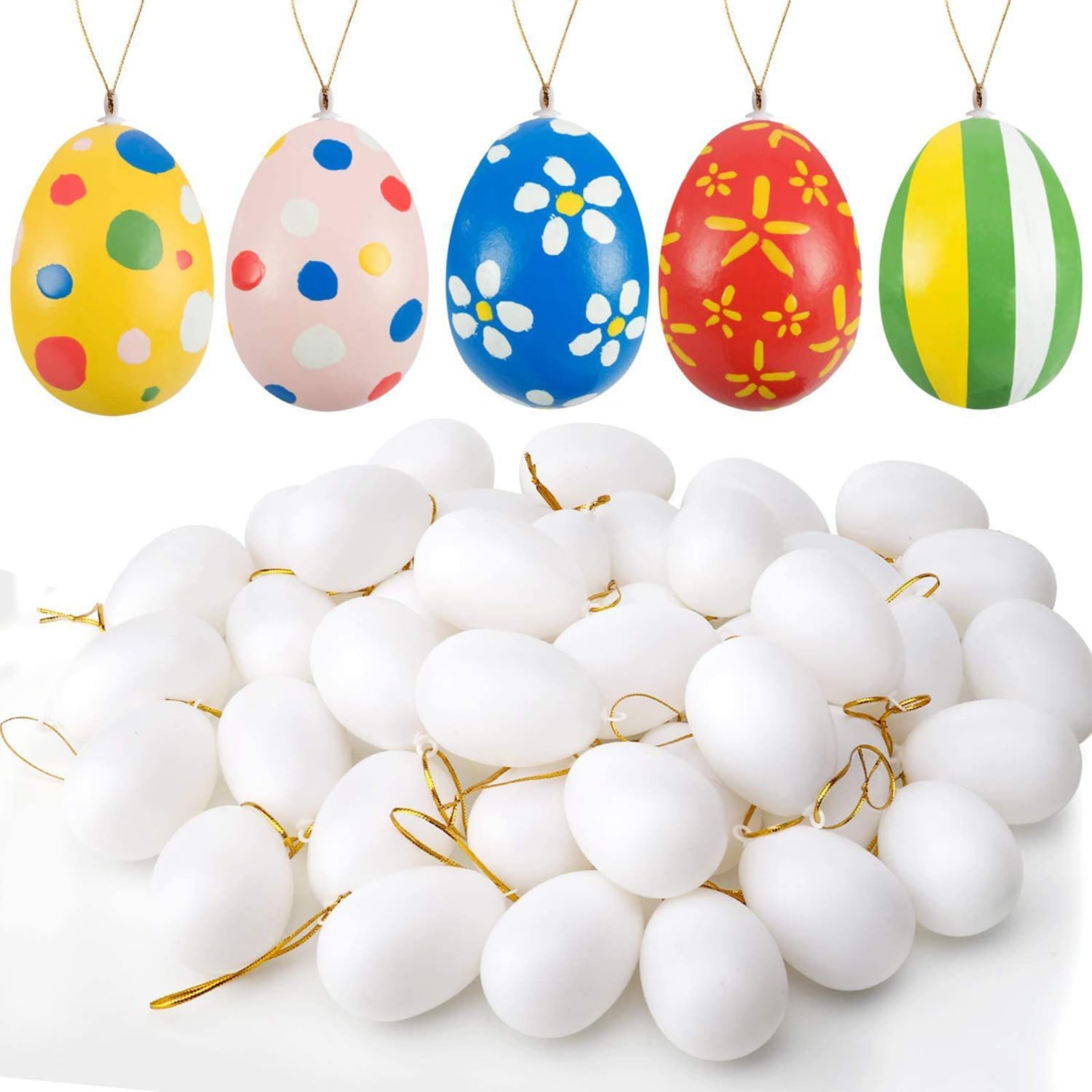 LOMYLM 12pcs Easter Crafts Polystyrene Eggs to Decorate, White Plastic Eggs with Hanging Cords for Kids Crafting Coloring Painting Dye DIY Fake Eggs Decorations Ornaments for Tree, 6 * 4cm
