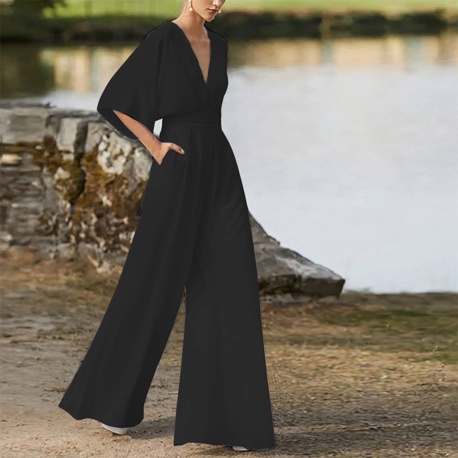 Generisch Mono de mujer con cuello en V manga larga pierna ancha alta para casual talla grande (negro, M)