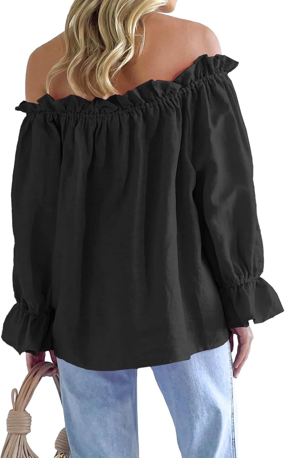 Imily Bela Womens Off The Shoulder Tops Puff Long Sleeve Tie Front Loose Fit Ruffle Shirts Blouses - Image 5