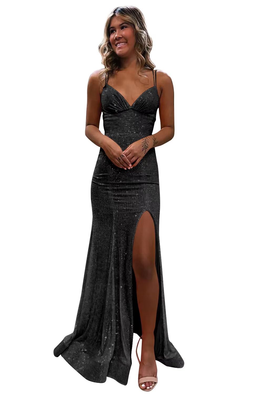 VCCICANY Mermaid Sequin Prom Dresses with Slit Spaghetti Straps Open Back Sparkly Long Formal Dress Evening Gown