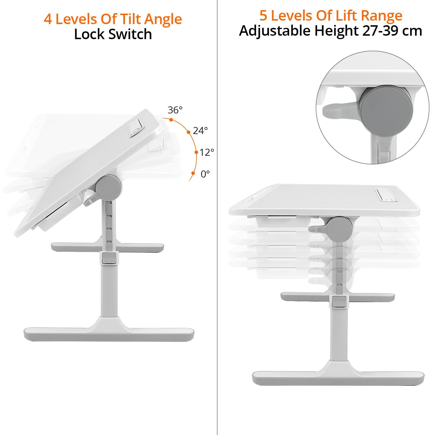 QWORK Table de lit pour Ordinateur Portable Pliable avec Tiroir et Lampe LED, Angle réglable en Hauteur, 60 x 40 cm