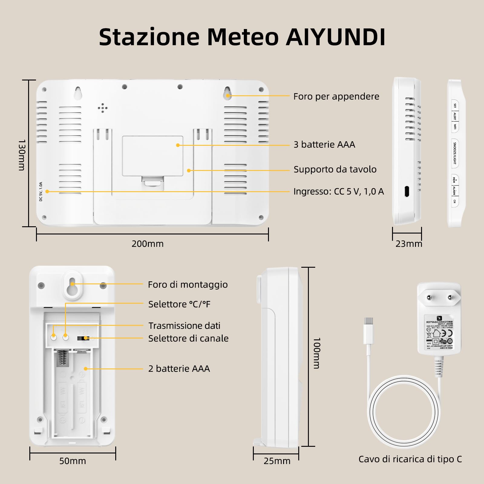 Stazione Meteo con Sensore Esterno, 7.5 Inch Display a Colori, Stazione Meteorologica con Previsioni del Tempo, Umidità, Sveglia, Pressione dell'aria, Uso Interno ed Esterno, 500FT/150M