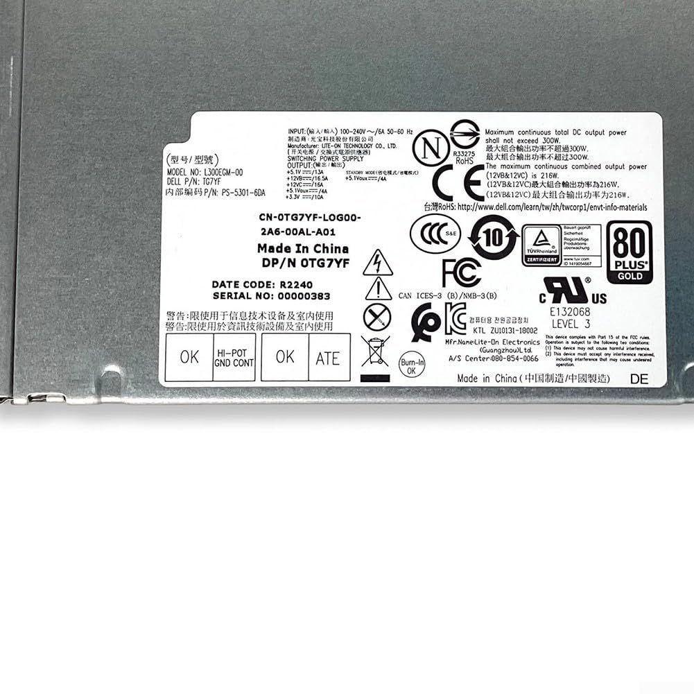 Fuente de alimentación de 300 W L300EGM-00 0TG7YF TG7YF para PC de torre Dell 3630 | Adaptador ATX de 24 pines con protección contra sobretensión | Funcionamiento silencioso | Carcasa de metal