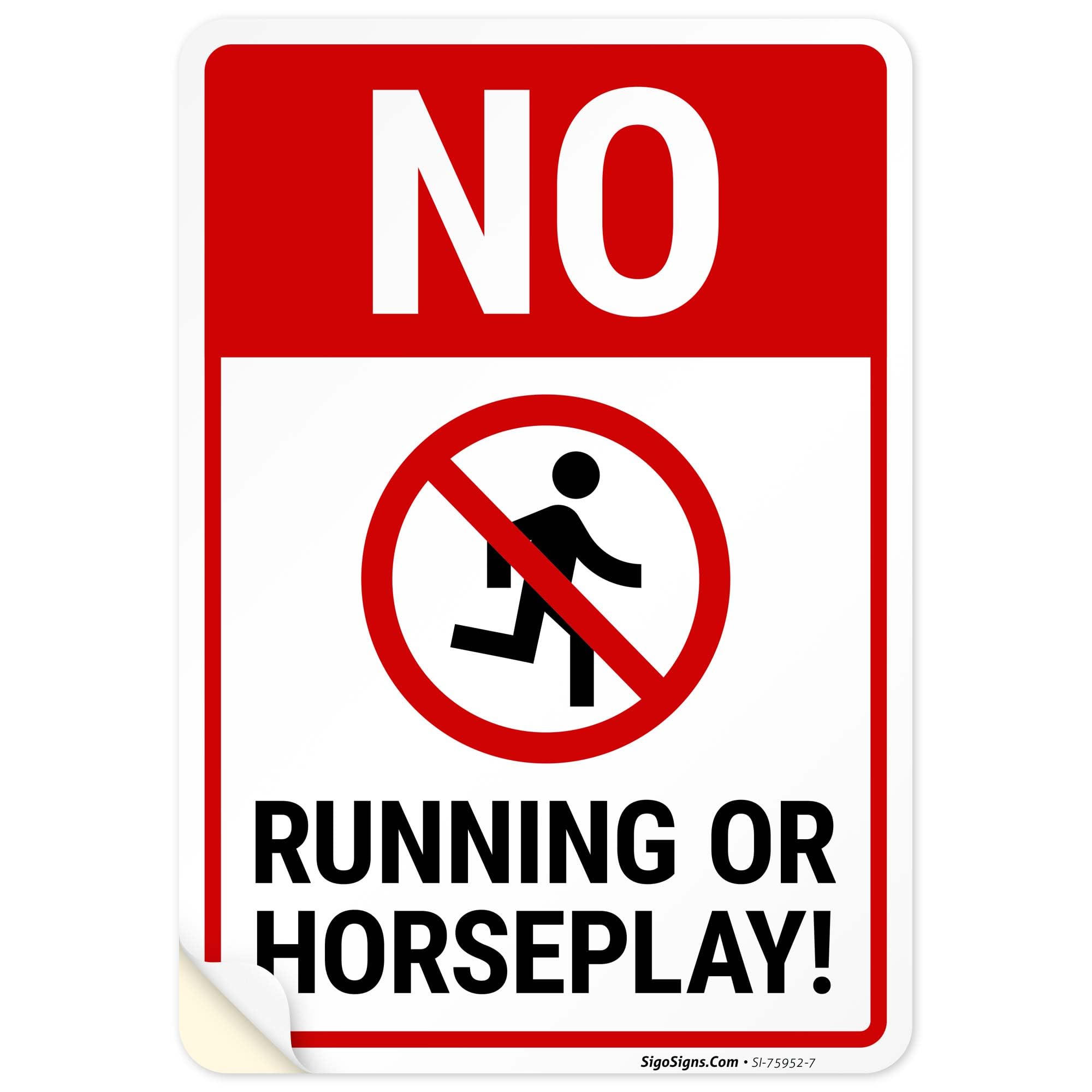 No Running Or Horseplay Sign, 10x7 Inches, 4 Mil Vinyl Decal Stickers Weather Resistant, Made in USA