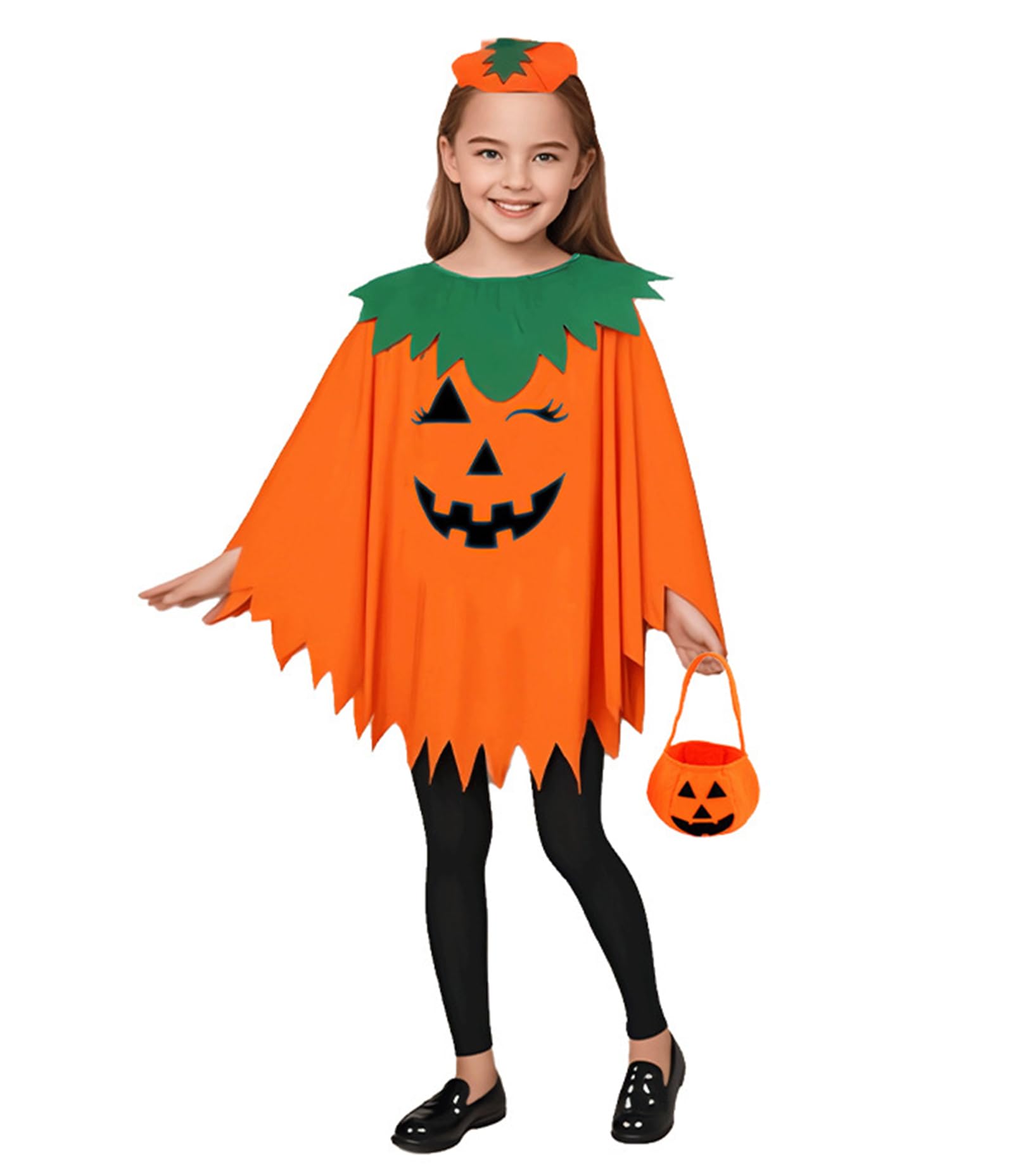 Pumpkin Halloween Costume For Kids Pumpkin Outfit with Hat & Trick or Treat Candy Bag Glow In The Dark Pumpkins Cloak Witch Cloak Halloween Costume Party Accessories Cosplay Props for Boys Girls