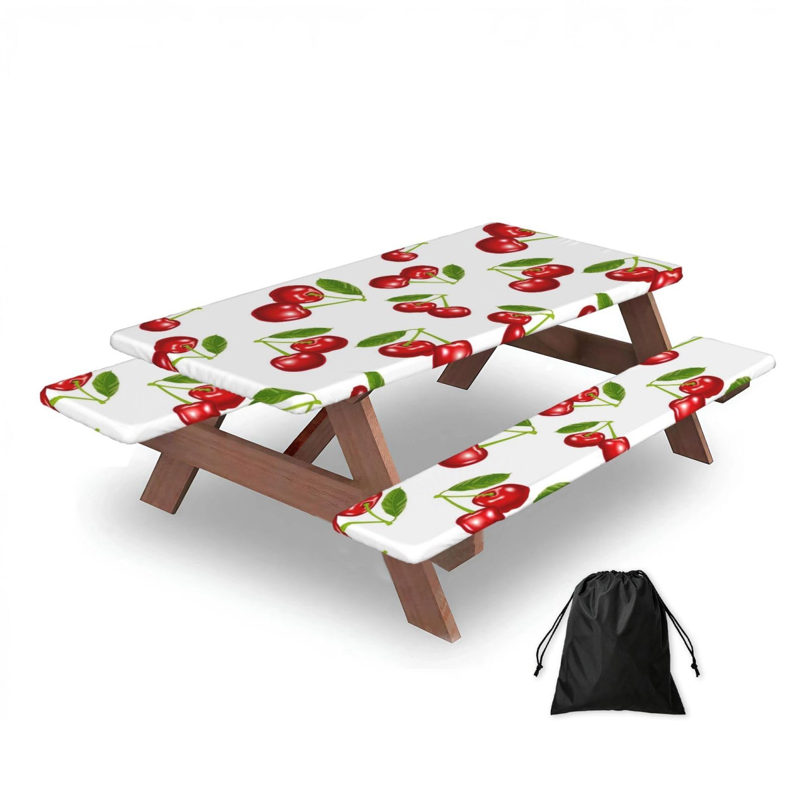 Dopklna As Picture Cherry Pattern, Picnic Table Cover With Bench Covers -Waterproof Elastic Fitted Tablecloth For Garden Camping Patio 76X152cm