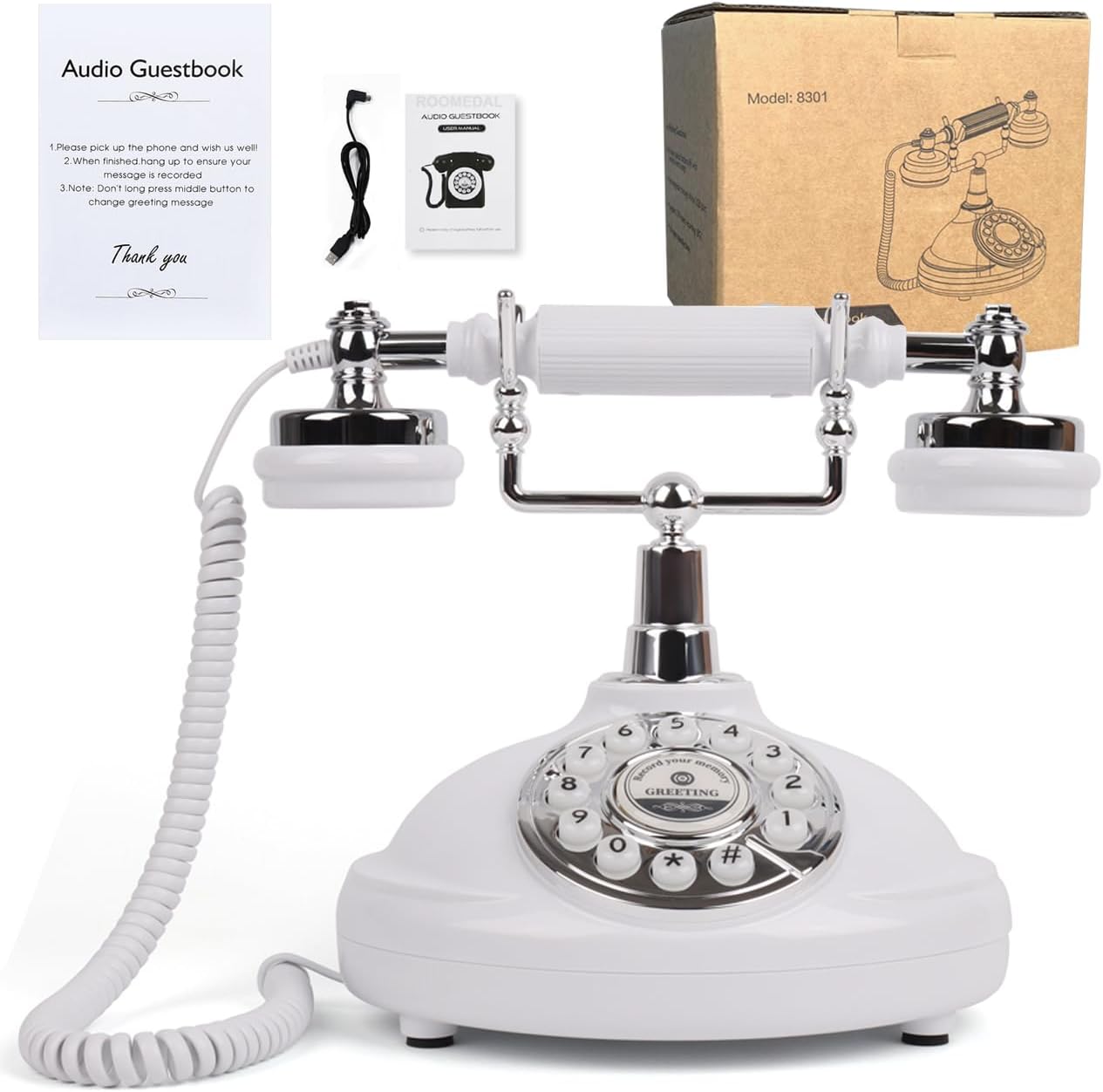 Audio Guest Book Wedding Phone, Record Customized Audio Message with Guest Book Retro Phone Audio GuestBook for Wedding Birthday Party Confession, White