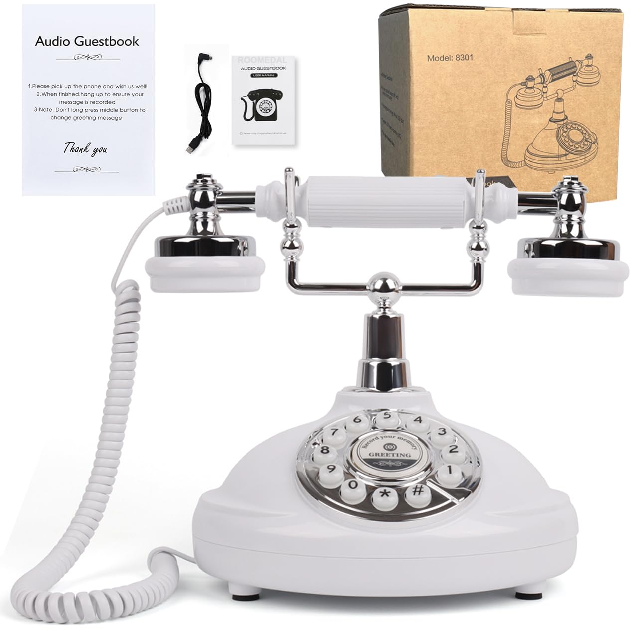 ROOMEDAL Audio Guest Book Wedding Phone, Record Customized Audio Message with Guest Book Retro Phone Audio GuestBook for Wedding Birthday Party Confession, White