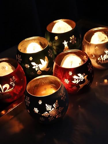 Miniatura 8 de Juego de 6 portavelas votivas de Navidad, portavelas de cristal rojo, verde y blanco con 6 patrones de grabado láser para decoración de mesa de