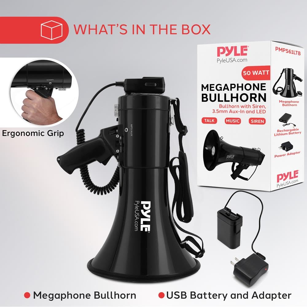 Pyle Altavoz megáfono PA Compacto portátil, megáfono Recargable de 50 W con Sirena, Volumen Ajustable, Altavoz de Mano Ligero, para Entrenadores, árbitros y Salvavidas