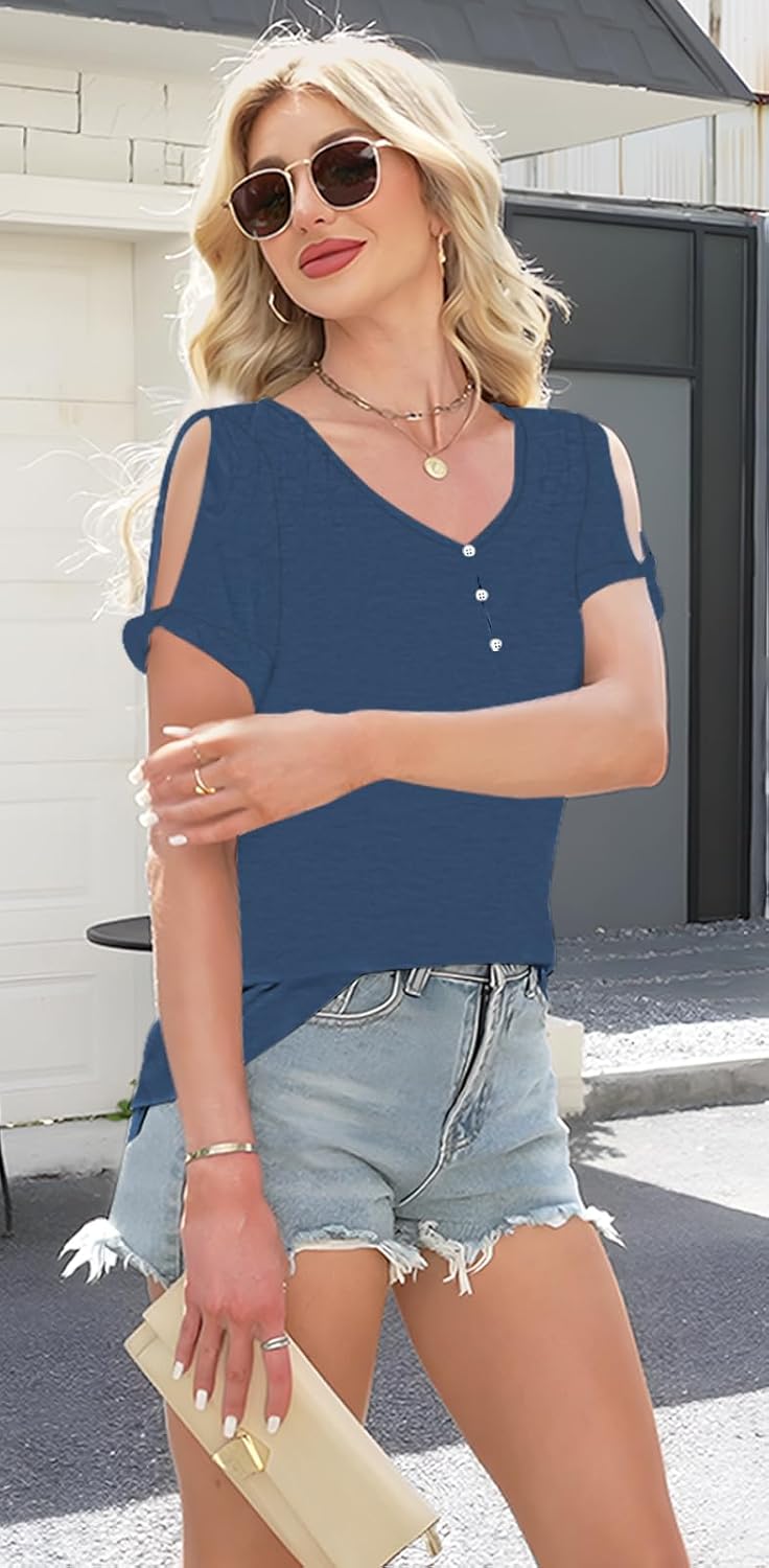 ETCYY NEW Womens Summer Tunic Tops 2026 Short Sleeve Cold Shoulder Shirts Dressy Casual Blouses - Image 3