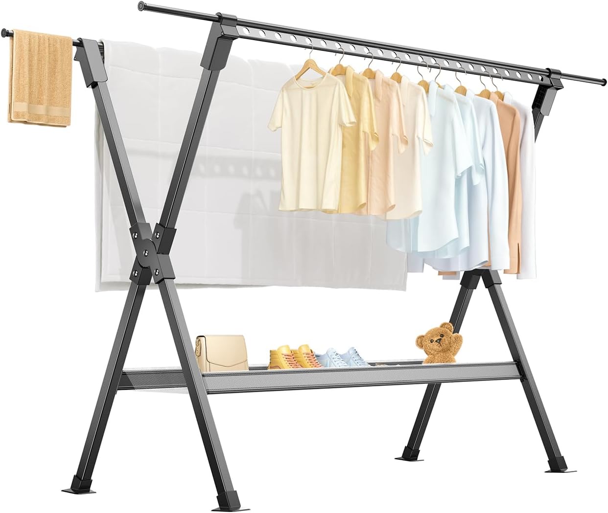 Clothes Drying Rack, 59-100 Inch Extra Large Retractable Drying Rack Clothing, High Capacity Blanket Drying Rack Indoor Outdoor, Foldable Laundry Drying Rack with 42 Windproof Holes and Drying Net 59''-100''