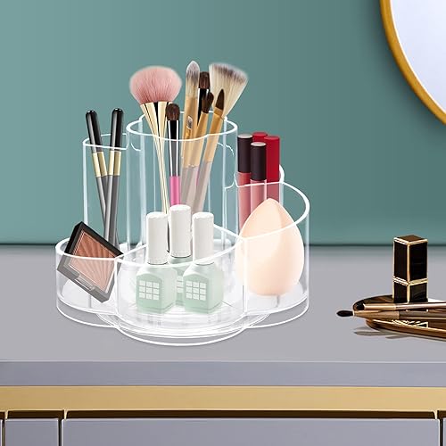 Organizador de maquillaje giratorio 360, organizador de brochas de maquillaje transparente para encimera con 6 compartimentos, soporte para lápiz