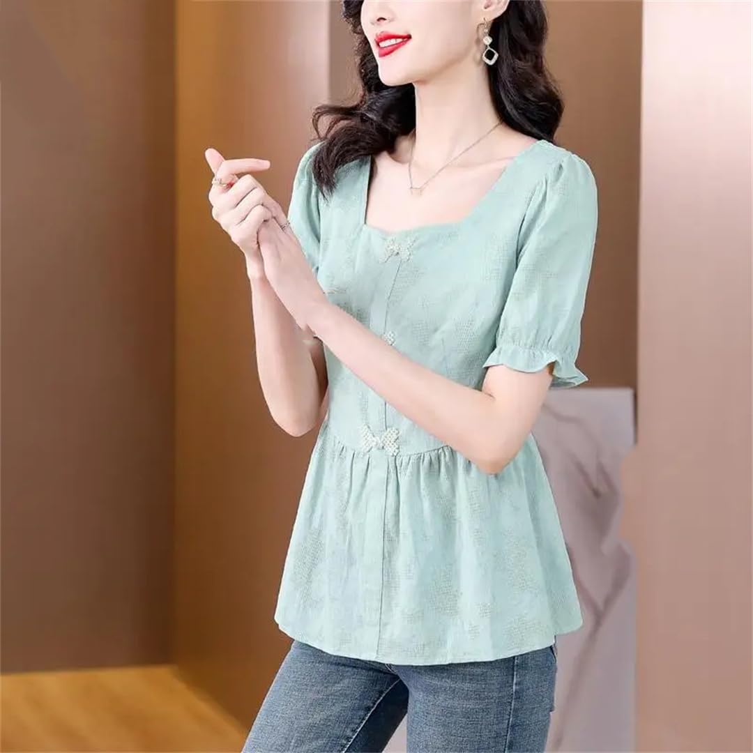 Camicia da donna a maniche corte estiva da ufficio con fiocco e bottoni, scollo quadrato, in cotone
