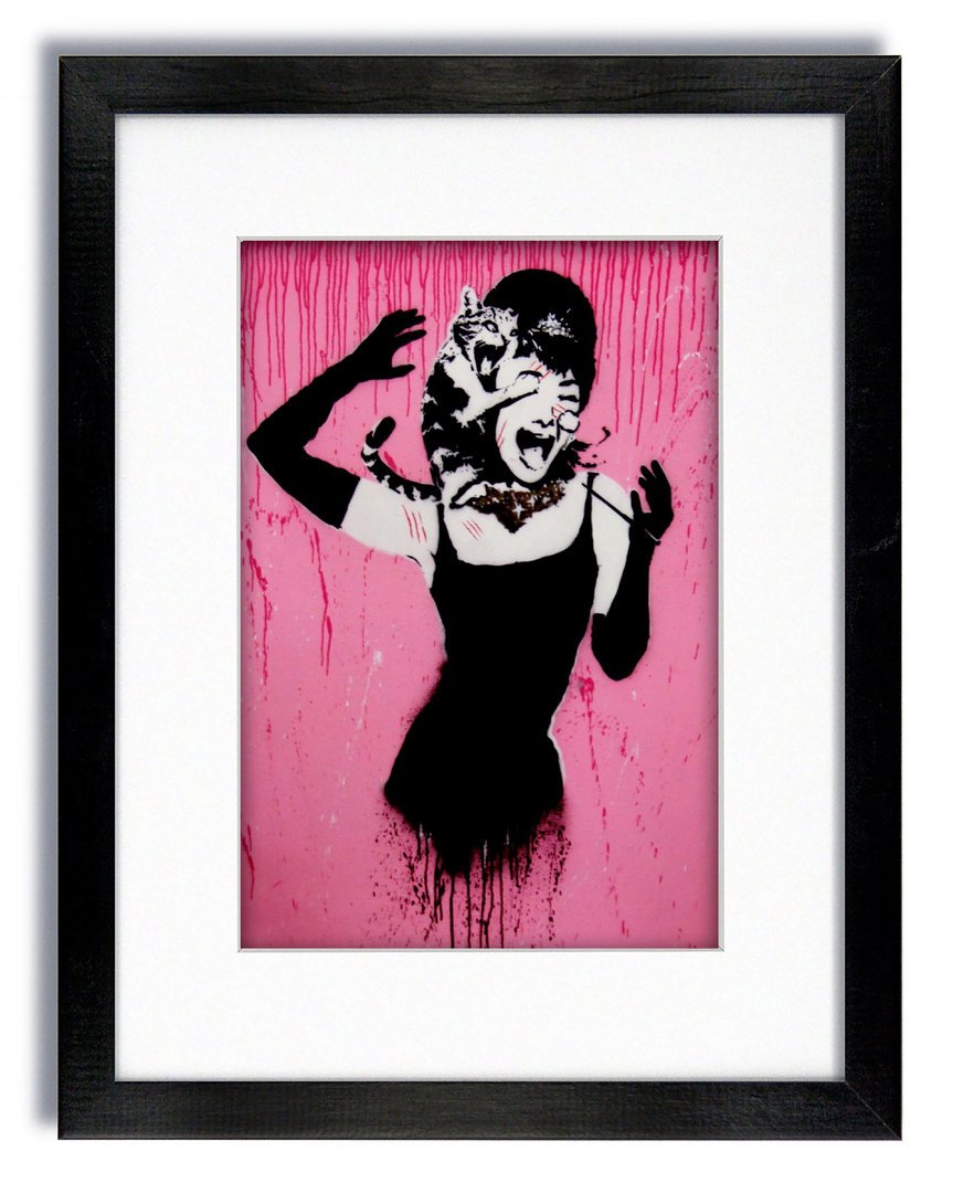 Laminated Posters Banksy - Audrey Hepburn Cat Attack Pink Mounted & Framed Printó.Measures 18 x 14 Inches