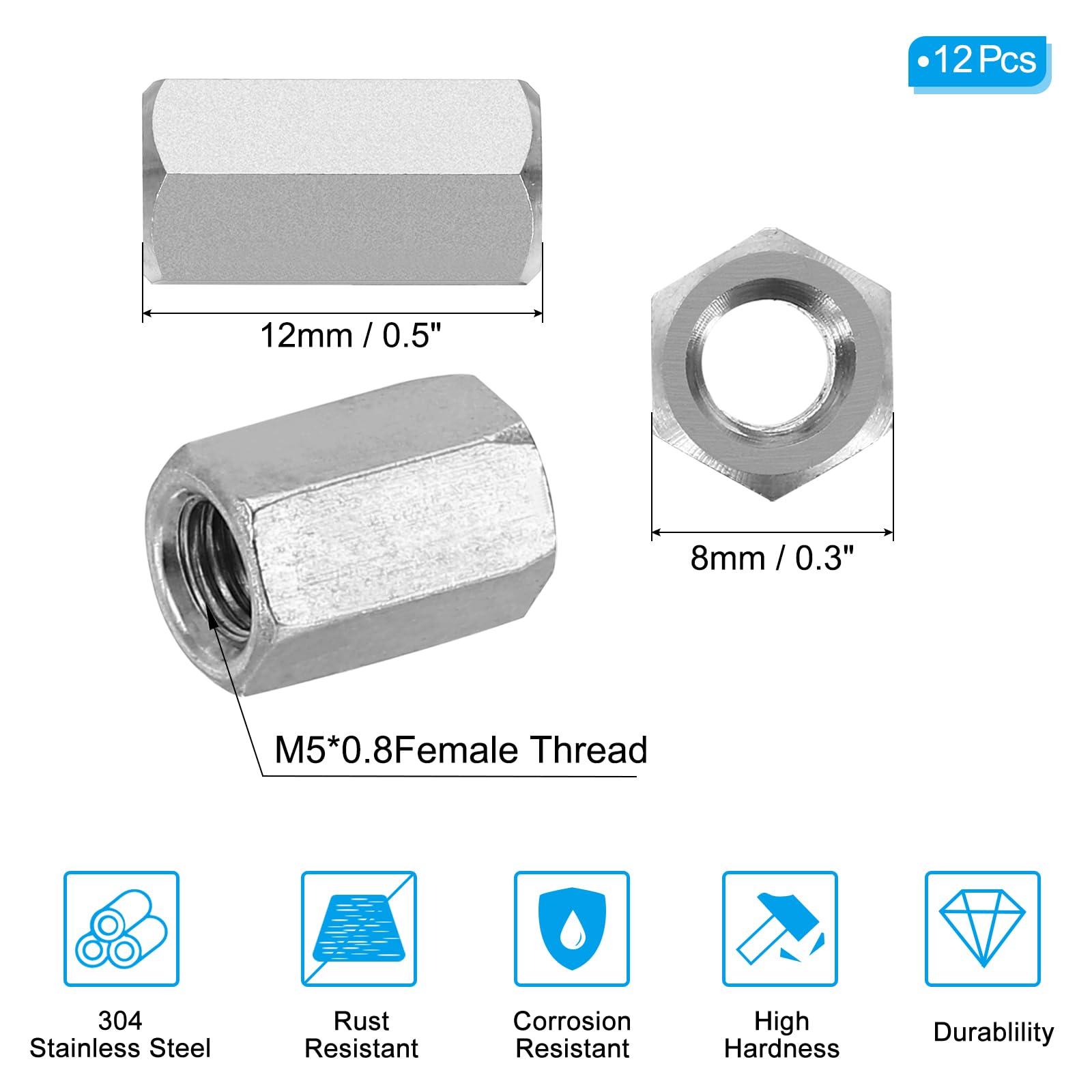 PATIKIL M5 x 0.8-Pitch 304 Stainless Steel Hex Coupling Nuts - Image 2