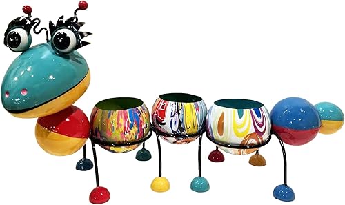 Caterpillar - Maceta de metal pintada a mano, espirales de pintura abstracta para interiores y exteriores, centro de arte continental