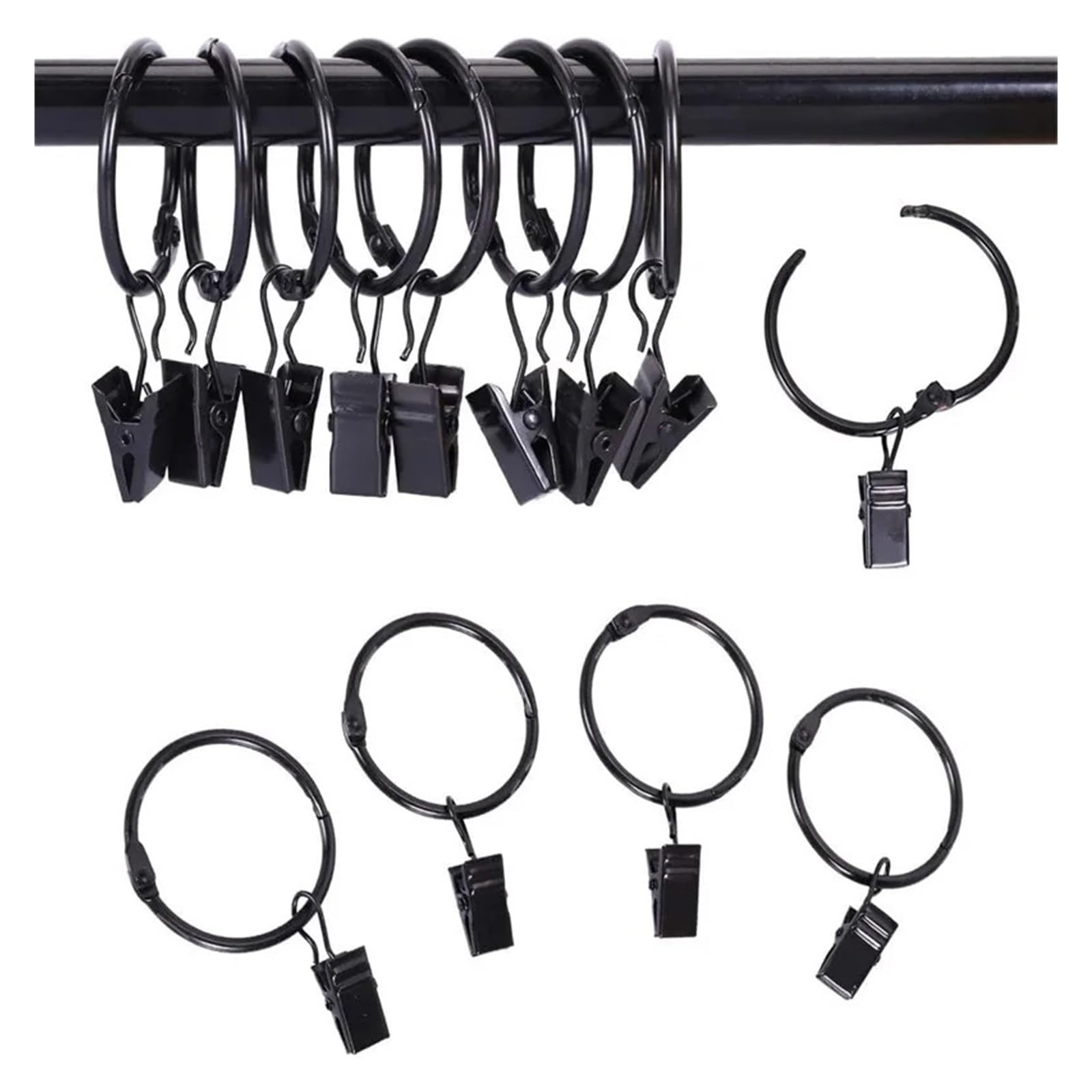Curtain Hooks 12 Pack Rings With Clips Openable Drapery Metal Clip Hangers Ring For Windows Rods(Black,Ring Diameter 2.5CM)