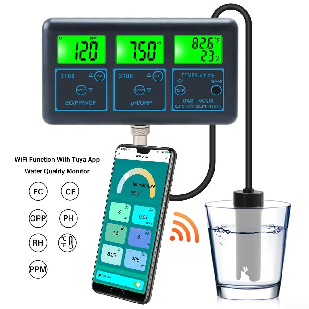 Analizzatore di qualità dell'acqua 7 in 1 per Tuya WiFi, rilevatore piscina con temperatura di sale PH ORP, monitoraggio remoto e alta precisione per piscina acquacoltura (EU)