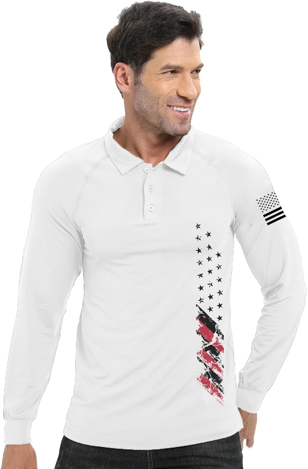 H HYFOL Long Sleeve Polo Shirts for Men Graphic Stretch Casual American Patriotic Raglan Golf Polos for Men