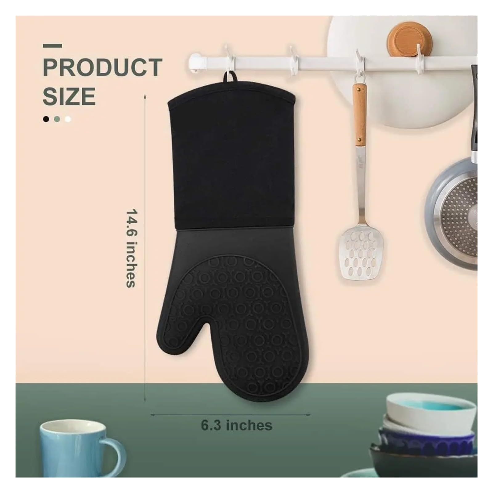 Genérico Manoplas de Horno, par Negro Extra Largo 14.6 pulg Silicona | Resistencia 500°F, agarre antideslizante, impermeables, forro acolchado, protector de muñeca, gancho