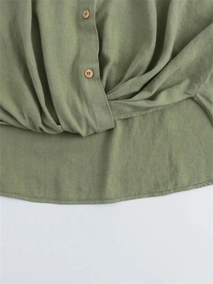 Camicia da donna alla moda in misto lino con nodo retrò maniche risvolto bottone frontale versatile top