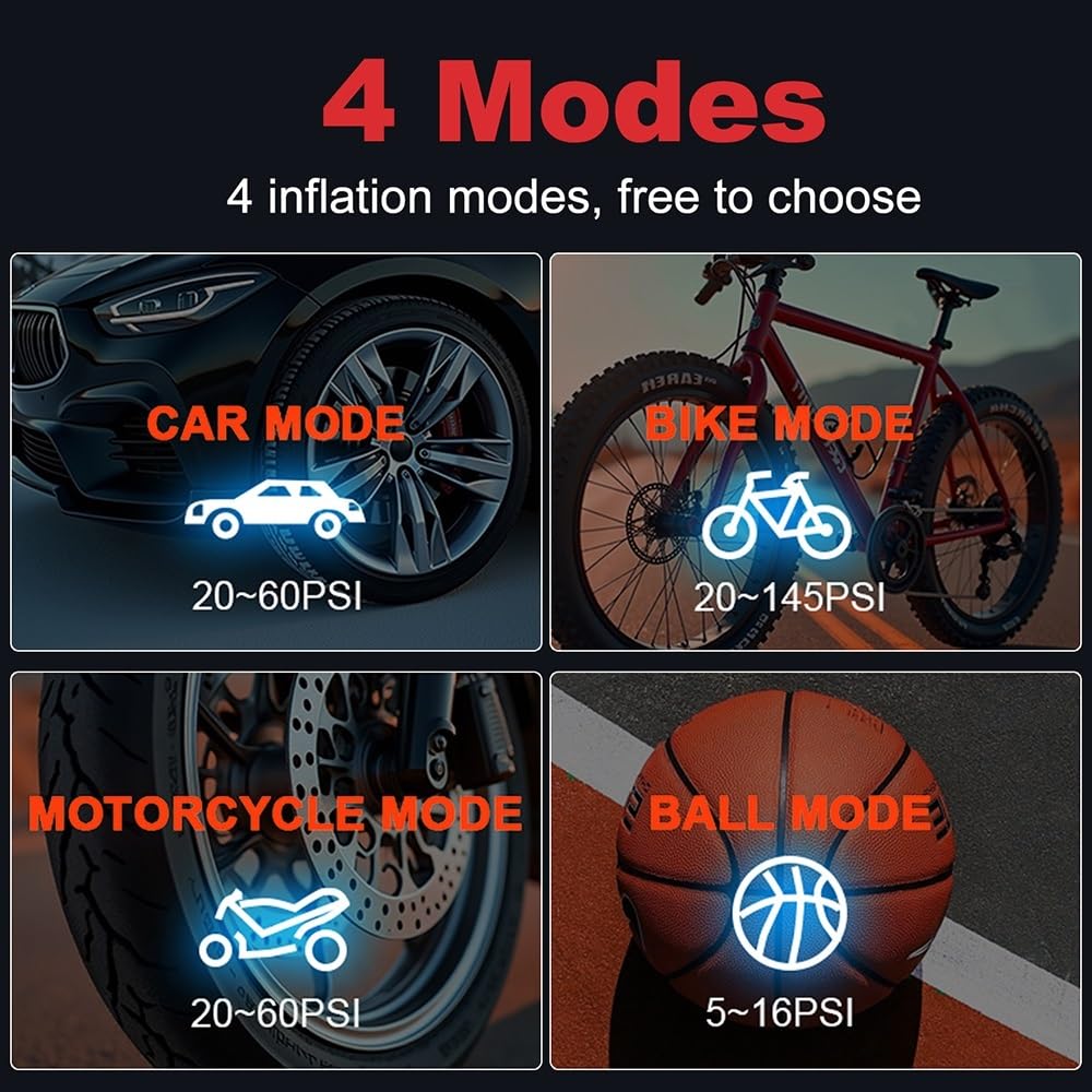 Inflador Ruedas Coche Bomba de neumáticos portátil inalámbrica, Bomba de Aire para Coche de 160PSI, Pantalla Digital para Bicicletas y Motores SUV Compresores de Aire portátiles