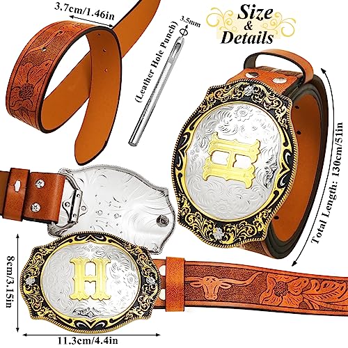 RechicGu Western Belts for Men Women, Initial Letter Big Buckle with Brown Leather Longhorn Bull Engraved Cowboy Belt2
