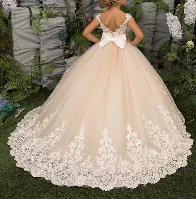 Tulle Flower Girl Dresses for Wedding with Bow Lace Applique First Communion Dress Pageant Dresses for Girls Ball Gown3