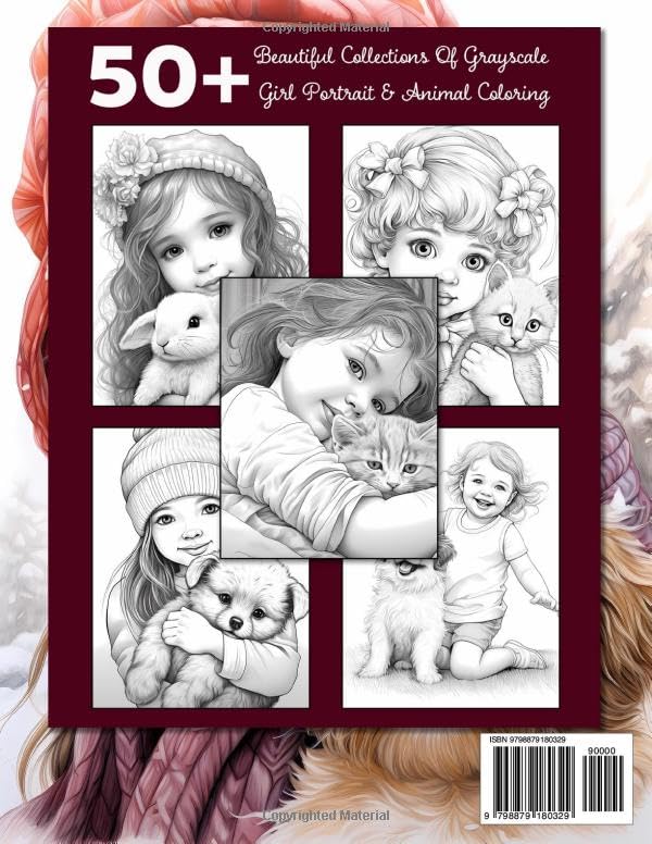 Kids And Pet Lovers: Little Girl Portrait And Animal Grayscale Coloring Books For Adults Relaxation & Relief Stress image 3