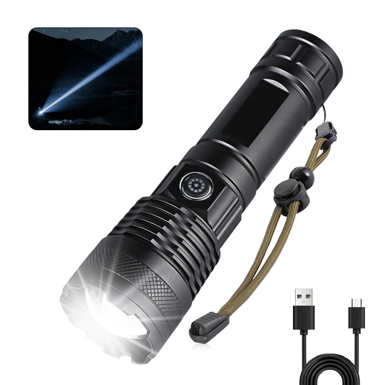 Rechargeable Led Flashlights High Lumens, 250000 Lumens Super Bright Tactical Flashlight, Handheld Powerful Flashlights for Emergencies, Camping, Hiking
