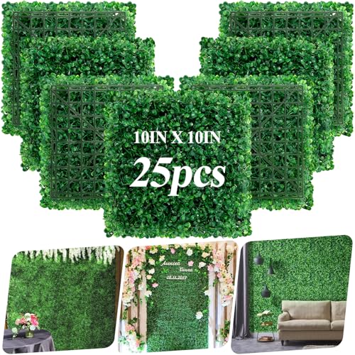 25Pcs Artificial Grass Wall Panels 10' X 10' Greenery Backdrop UV-Protected Faux Boxwood Panels 17.36 ft² Fake Green Wall Privacy Screen for Outdoor Indoor Decor Party Wedding Garden Fence Decorations