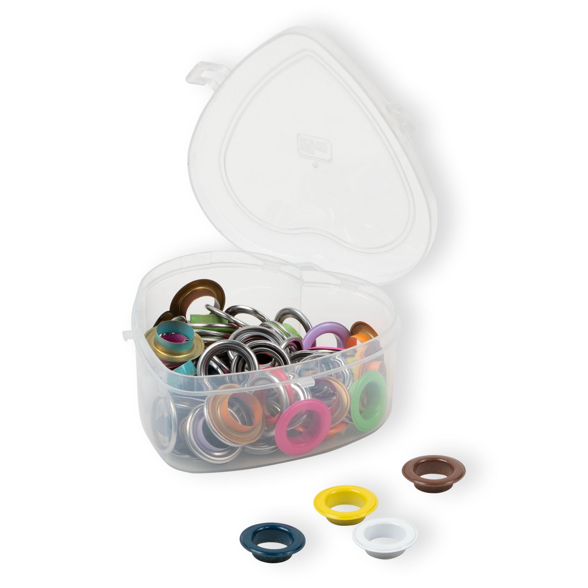 Prym 542622 Ojales con arandelas coloridas en caja de corazón, 14 mm, compatible con Vario Creative Tool