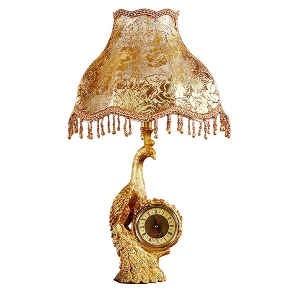 LYOUAE Retro Rustic Resin Peacock Table Lamp Antique Bedside Lamp With Clock Farmhouse Bedroom Desk Nightstand Lamp(B)