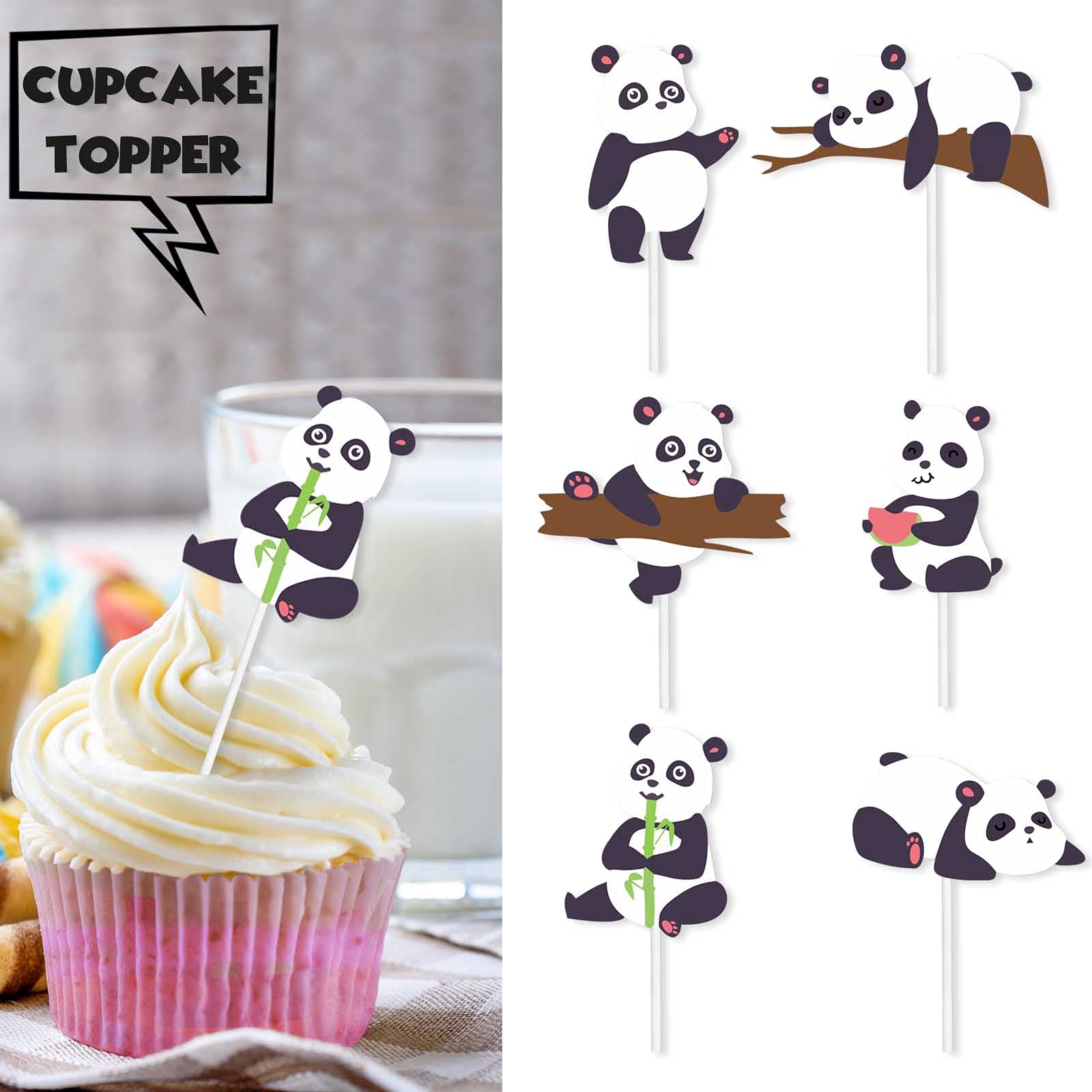 18pcs Dessert Cupcake Topper Animal Panda Theme Decor Supplies Baby Shower Boys Girls Happy Birthday Party Decorations Black White Glitter