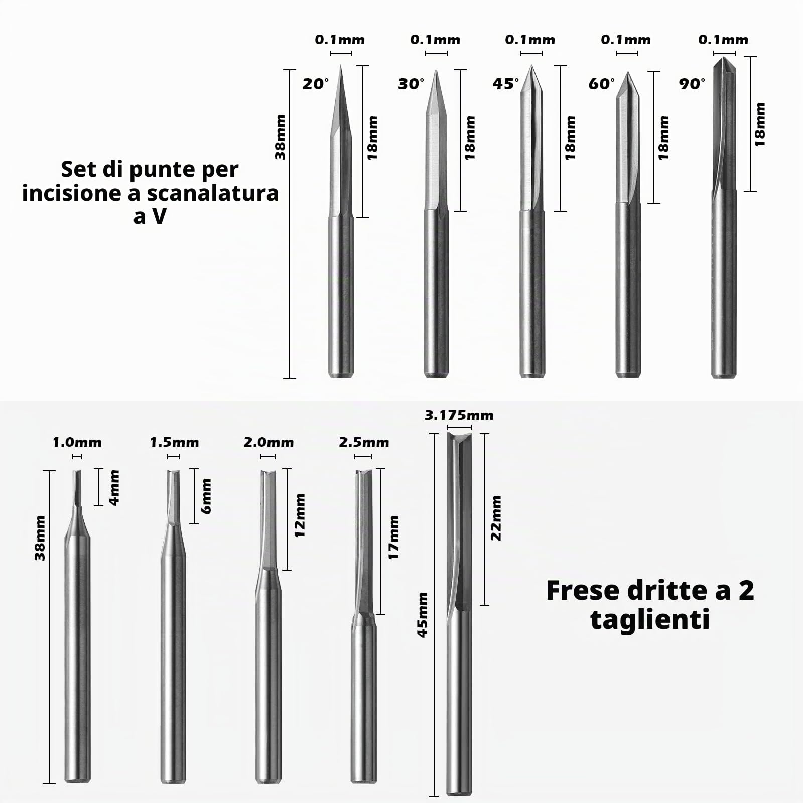 Genmitsu 50pcs Carburo di Tungsteno End Mill CNC Router Bits, 1/8 '' Shank 2-Flauto Straight Router Bits, Flat Nose&Ball Nose End Mill, PCB Drill Bit & V-Groove Incisione, MC50A