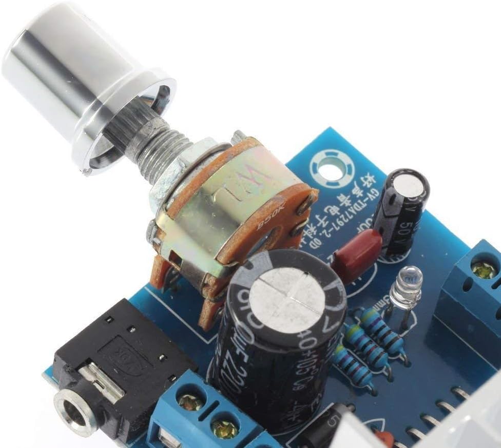 Close-up of the volume potentiometer and 3.5mm audio input jack