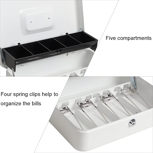 Miniatura 5 de Parrency Caja de efectivo con cerradura de llave,Caja de metal duradera con bandeja de dinero,Caja de seguridad de almacenamiento seguro con cable