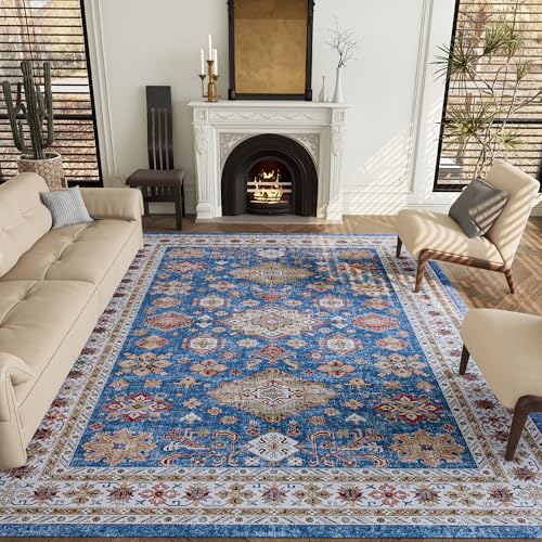 Vintage 9x12 Washable Area Rug, Low-Profile Large Area Rug with Non-Slip Backing & Durable Edge Binding, Pet-Friendly Carpet, Large Rug for Living Room, Bedroom & Dinning Room