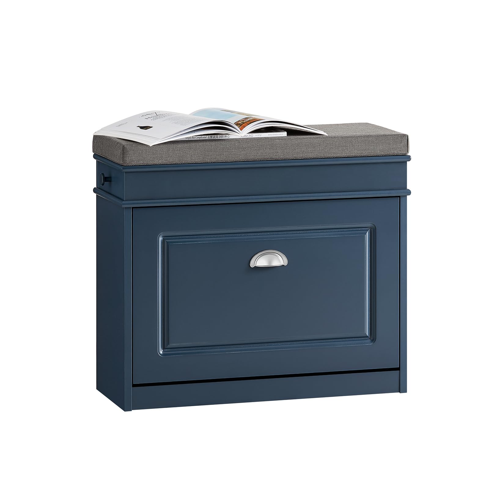 SoBuy Shoe Storage Bench with Seat Cushion - Narrow Shoe Cabinet with Flip Drawer, 2-Tier Rack, 150kg Load - Compact Hallway Storage Unit for Small Spaces Blue FSR82-K-B