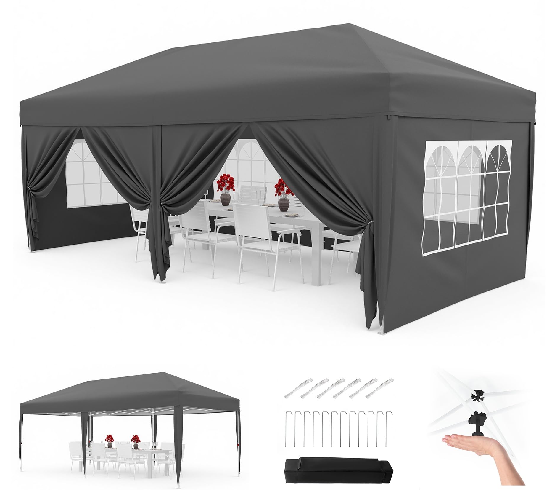 Faltpavillon 3x6 m wasserdicht stabil mit 6 Seitenwänden – Pop up Pavillon faltbar aus 420D Oxford, UV-Schutz 50+, 3-Fach höhenverstellbar, Partyzelt mit Tragetasche für Garten & Outdoor Grau