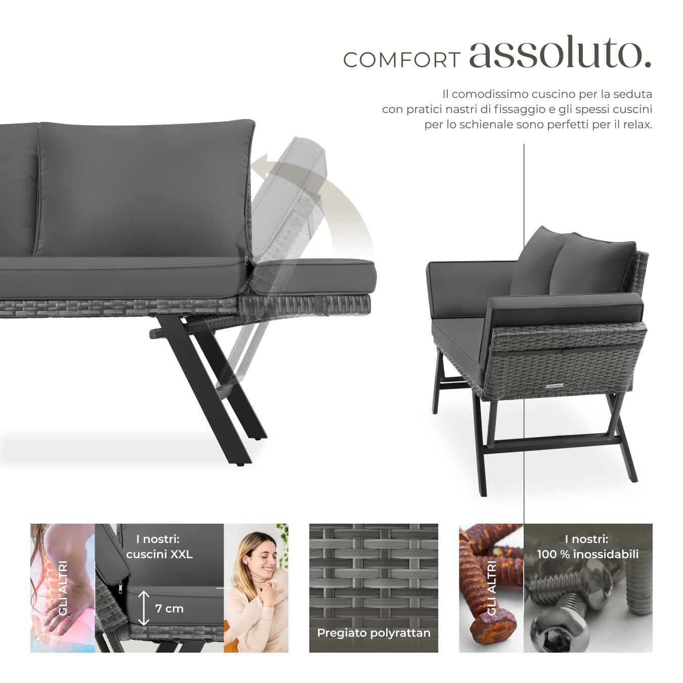 tectake® Divano Lounge in Rattan, 2 in 1, Braccioli Pieghevoli, Cuscini Morbidi, Imbottitura Spessa, Sofà in Polyrattan Resistente, Fodere Idrorepellenti, Arredamento Esterno e Interno - Grigio