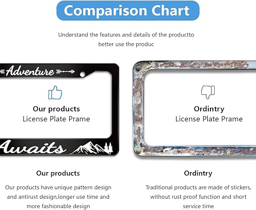 Miniatura 3 de Adventure Awaits - Marco de matrícula de acero inoxidable, accesorios de automóvil, placa personalizada para vehículos estándar de EE. UU. Tamaño